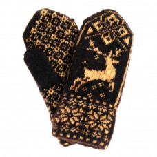 Варежки женские вязаные коричневые с золотым оленем ПП
